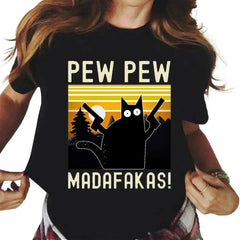 Pew Madafakas Cute Black Cat Print Women's Casual Fashion Round Neck Short-Sleeved T-Shirt Summer Streetwear Personality Y2K Top