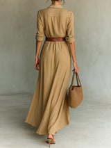 Lapel Solid Patchwork Chic Party Dress, Women Autumn Casual Long Sleeve Simple Maxi Dress, 2025 Elegant Fashion Ladies Dresses