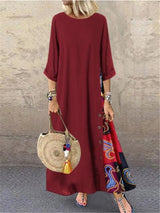 Women Vintage Harajuku Long Dress Bohemian Stitching Print 3/4 Sleeve O Neck Loose Oversized Maxi Dress Casual Elegant Robe