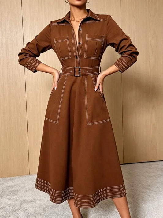 Krisstargirls 2025 Trendy Autumn Button Down Lapel Brown Shirt Maxi Dress Woman Spring Pockets Women A-line Long Dresses Belt