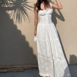 Y2K Simple Elegant Square-neck White Maxi Dress Summer Slim Lace Up Sleeveless Dreses French Party Beachwear Casual Vestidos
