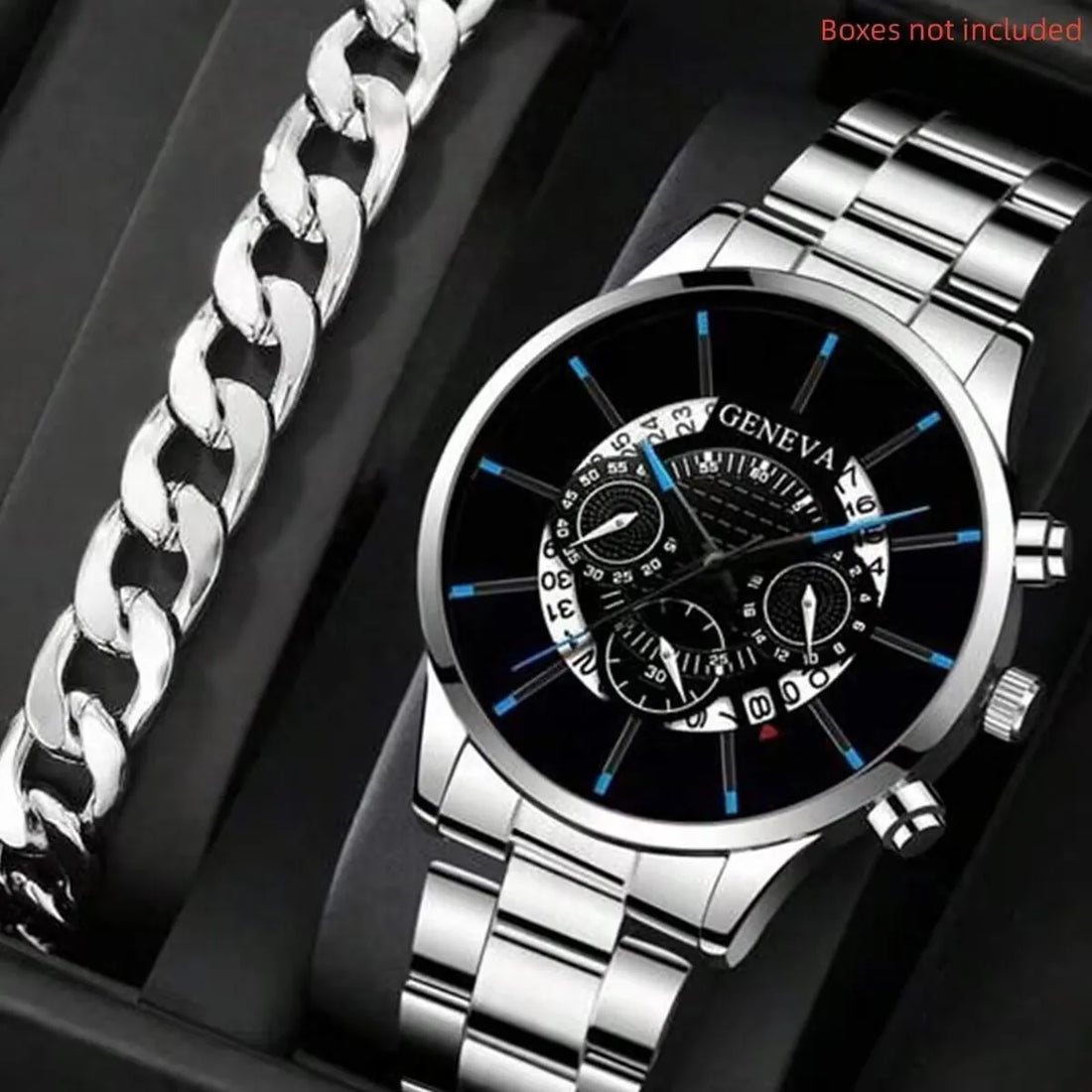 Men's Stainless Steel Big Dial Quartz Watch (2-Piece Set)