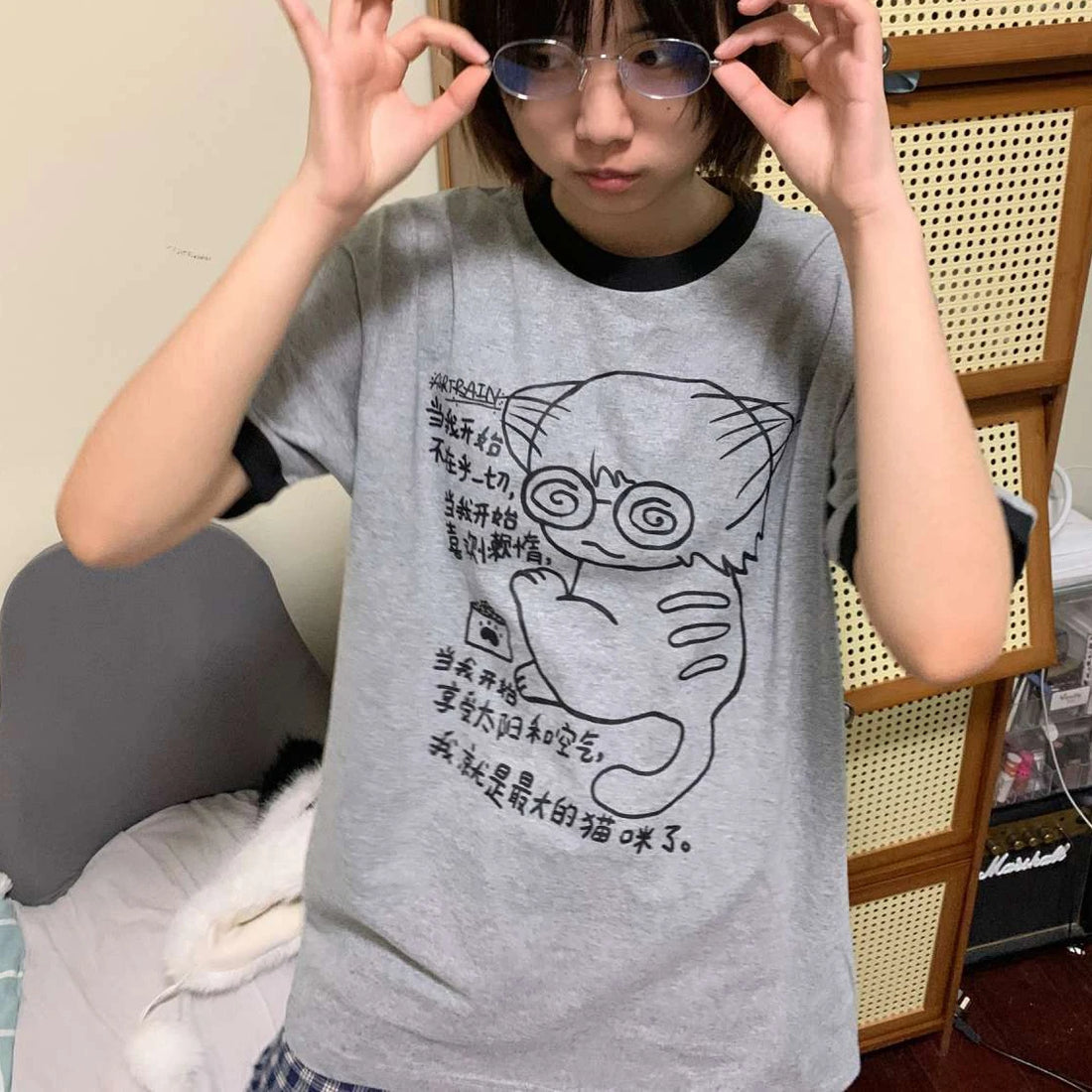 I Am A Cat Letter Print Summer Tops Women Vintage Kawaii Tshirt Simple Harajuku T-shirts Y2k Aesthetic Casual Gray Cute Tees