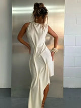 Romantic Soft Halter Maxi Dress Ruched Asymmetrical Women Dresses Anniversary Dinners Vacation Elegant Female Party Wear