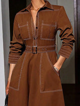 Krisstargirls 2025 Trendy Autumn Button Down Lapel Brown Shirt Maxi Dress Woman Spring Pockets Women A-line Long Dresses Belt