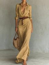 Lapel Solid Patchwork Chic Party Dress, Women Autumn Casual Long Sleeve Simple Maxi Dress, 2025 Elegant Fashion Ladies Dresses