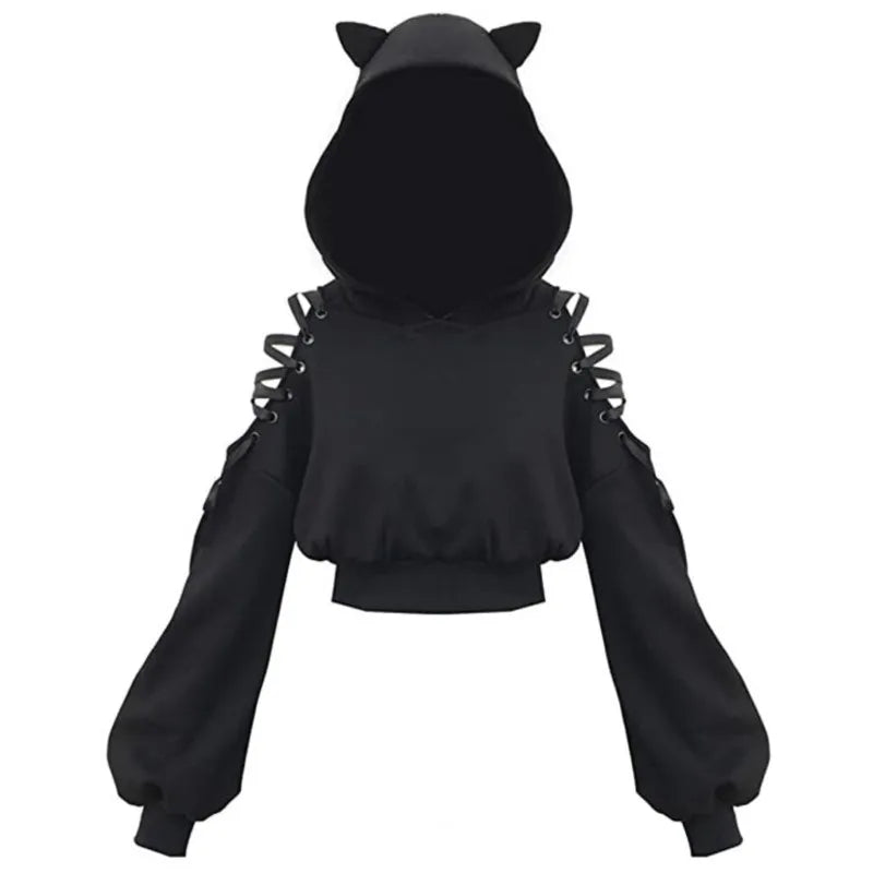 Gothic Cat Ear Crop Top Hoodie