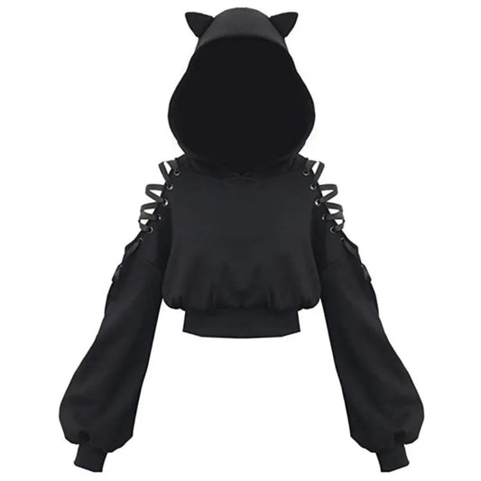 Gothic Cat Ear Crop Top Hoodie