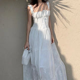 Y2K Simple Elegant Square-neck White Maxi Dress Summer Slim Lace Up Sleeveless Dreses French Party Beachwear Casual Vestidos
