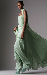 Strapless Green Evening Gown Pleats Chiffon Floor Length Formal Dress With Scarf Prom Party Maxi Dress Zip Back Customized
