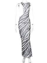 Zebra Print Long Beach Dress Cover-Ups Sexy Transparent Mesh Maxi Dress Striped Cut Out Bodycon Vacation Summer Dress Women 2023
