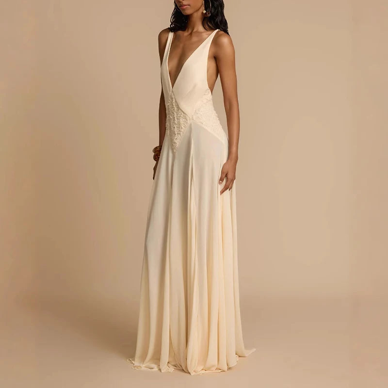 Chic Sexy Deep V Neck Hollow Boho Dress Woman Spring Patchwork Lace Sling Long Dress Summer Sleeveless Backless Loose Maxi Dress
