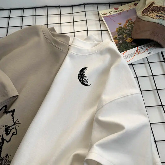 Oversized Cat Moon Print Men's T-Shirt