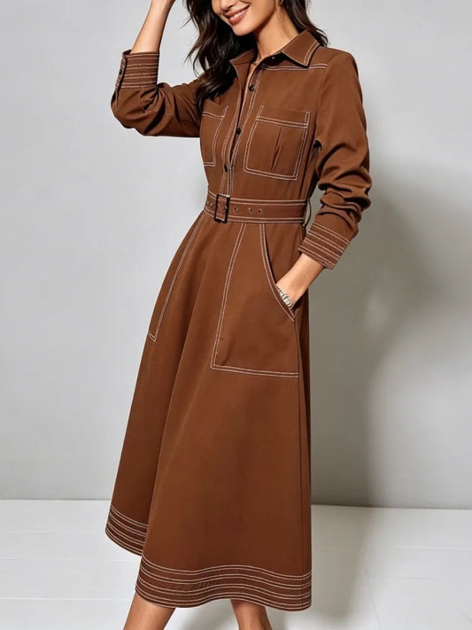 Krisstargirls 2025 Trendy Autumn Button Down Lapel Brown Shirt Maxi Dress Woman Spring Pockets Women A-line Long Dresses Belt