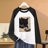 All Seasons Long Sleeve T Shirt Clothes Women's Casual Graphic T-Shirt Women Gothic Tees Tops Tshirt Cute Cat Eating Sushi Print