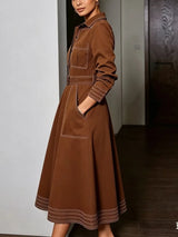 Krisstargirls 2025 Trendy Autumn Button Down Lapel Brown Shirt Maxi Dress Woman Spring Pockets Women A-line Long Dresses Belt
