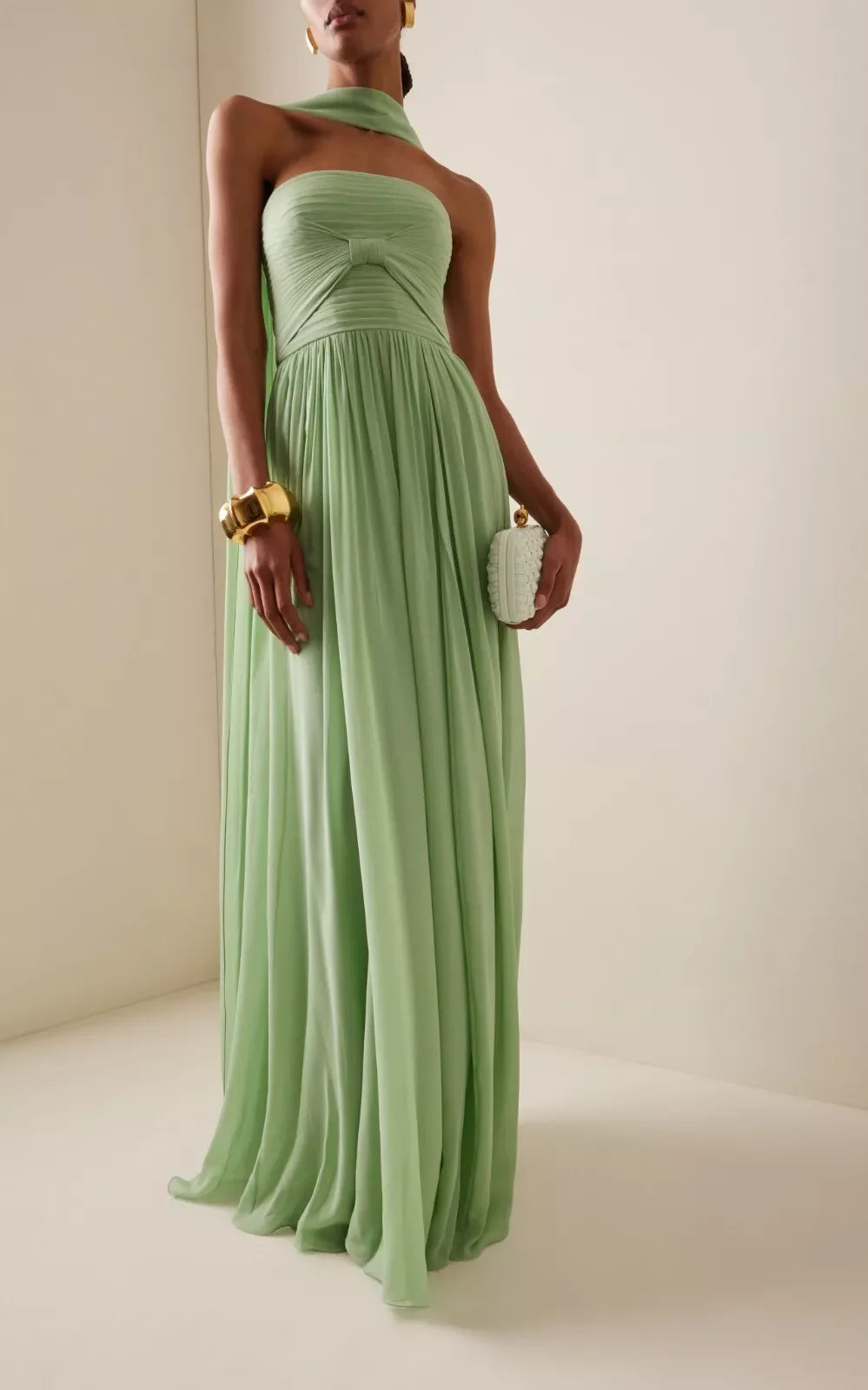 Strapless Green Evening Gown Pleats Chiffon Floor Length Formal Dress With Scarf Prom Party Maxi Dress Zip Back Customized