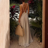 Chic Sexy Deep V Neck Hollow Boho Dress Woman Spring Patchwork Lace Sling Long Dress Summer Sleeveless Backless Loose Maxi Dress