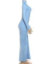 kliou Shirring Classic Women Maxi Dress High Street Autumn New Solid Turleneck Long Sleeve Bodycon Ladies Elegant Trend Vestidos