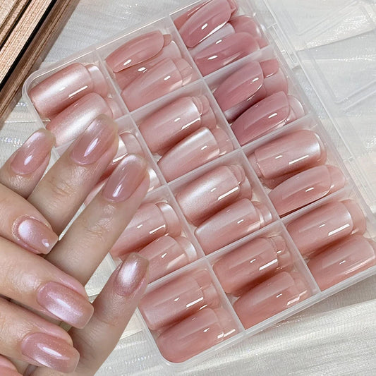 144Pcs Pink Cat Eye Press On Nails Short Square Glitter Pink Acrylic Fake Nail Tips Full Cover Wearable Women False Nails Patch#