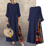 Women Vintage Harajuku Long Dress Bohemian Stitching Print 3/4 Sleeve O Neck Loose Oversized Maxi Dress Casual Elegant Robe