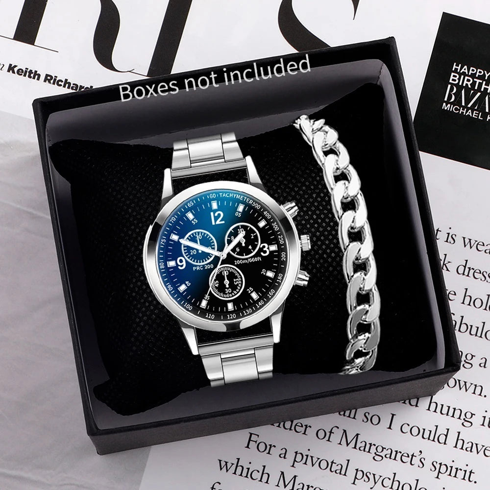 Men's Steel Band Quartz Watch with Bracelet Set