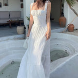 Y2K Simple Elegant Square-neck White Maxi Dress Summer Slim Lace Up Sleeveless Dreses French Party Beachwear Casual Vestidos