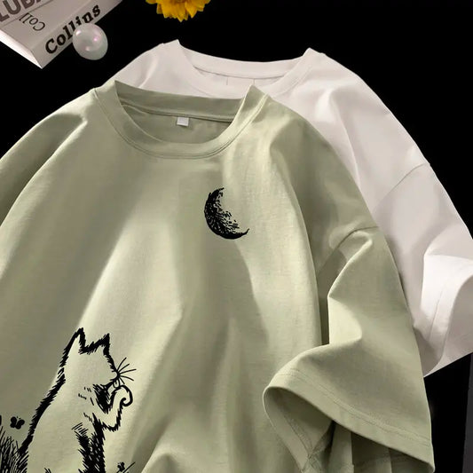 Oversized Cat Moon Print Men's T-Shirt