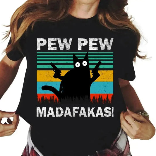 Pew Madafakas Cute Black Cat Print Women's Casual Fashion Round Neck Short-Sleeved T-Shirt Summer Streetwear Personality Y2K Top