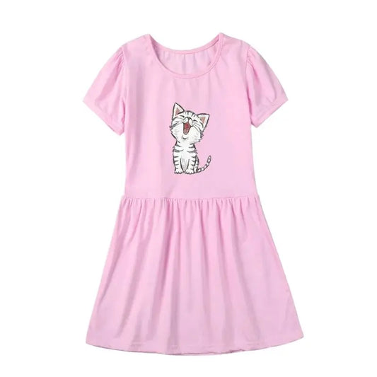 Girls Cute Cat Print Pink Dress