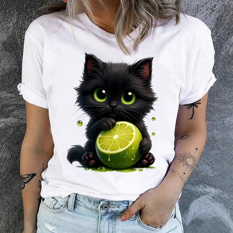 Cartoon Cat Print Aesthetic T-Shirt
