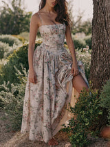 Vintage Boho Floral Printed Maxi Dress Beige Ruffles Bodycon Strappy Backless Women Dresses Sexy Vocation Ladies Vestidos New