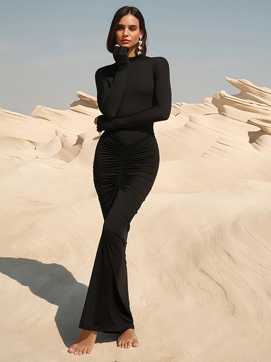 kliou Shirring Classic Women Maxi Dress High Street Autumn New Solid Turleneck Long Sleeve Bodycon Ladies Elegant Trend Vestidos