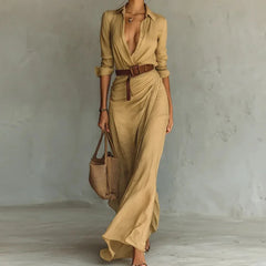 Lapel Solid Patchwork Chic Party Dress, Women Autumn Casual Long Sleeve Simple Maxi Dress, 2025 Elegant Fashion Ladies Dresses
