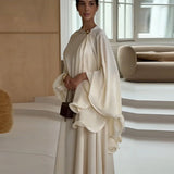 2026 women's Minimalist Cream Two Piece Set Puff Sleeve Blouse Sleeveless Flared Maxi Dress Modest Casual Workwear Daily Outfit