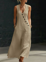 Casual Sleeveless Loose Maxi Dress Women Summer 2026 Fashion Solid Color V-neck Holliday Long Dresses Elegant
