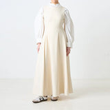 2026 women's Minimalist Cream Two Piece Set Puff Sleeve Blouse Sleeveless Flared Maxi Dress Modest Casual Workwear Daily Outfit