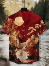 Men's Summer Casual Short Sleeve Linen Shirt Fashionable Stand-up Collar Japanese Retro Samurai Cat Printed Cardigan