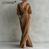 Women's Sexy V Neck Wrap Waist Long Dresses 2026 Spring Casual Solid Slim Bodycon Hips Dress Elegant Long Sleeve Slit Maxi Dress