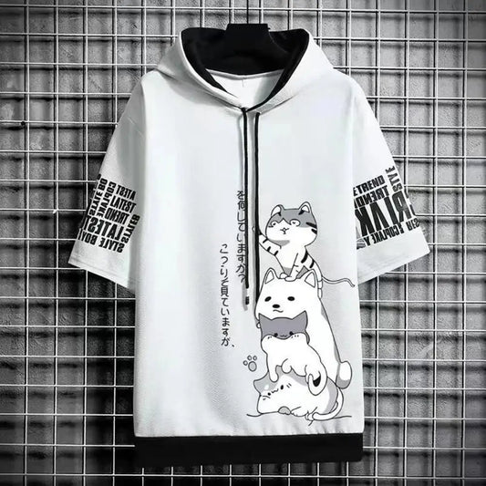 Men's Cat Print Short Sleeve Hoodie