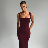 BOOFEENAA Square Neck Sleeveless Fishtail Maxi Dress Party Night Elegant Black Dresses Woman Luxury High Quality C70-CZ32