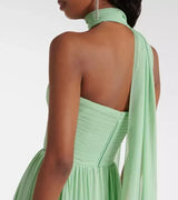 Strapless Green Evening Gown Pleats Chiffon Floor Length Formal Dress With Scarf Prom Party Maxi Dress Zip Back Customized