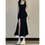 2025 Elegant Black Sleeveless Maxi Dress with High Side Slit, Bodycon Evening Party Gown