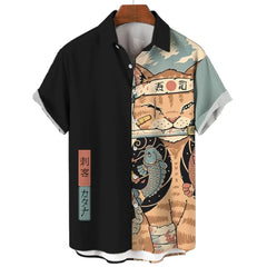 Fashion Men's Clothing Cool Samurai Cat Tops Summer New Men's Clothing Casual Short-Sleeved Anime Loose Blouse Hawaiian Shirts