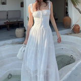 Y2K Simple Elegant Square-neck White Maxi Dress Summer Slim Lace Up Sleeveless Dreses French Party Beachwear Casual Vestidos