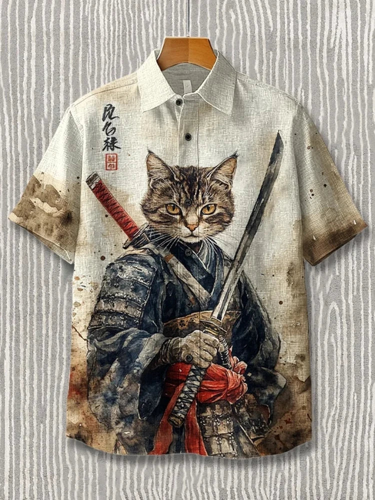 Men's Novelty Funny Cat Button-Up Shirt