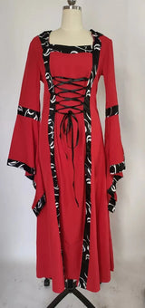 Vintage Medieval Maxi Dress for Women Gothic Bandage Flare Sleeve Floor Length Dress Lady Elegant High Waist Square Neck Dresses