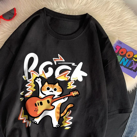 Rock Hip Hop Cat Women T-Shirts Cartoons Printing Tops Loose O-Neck Comfortable Tee Shirts Summer Casual Woman Clothes