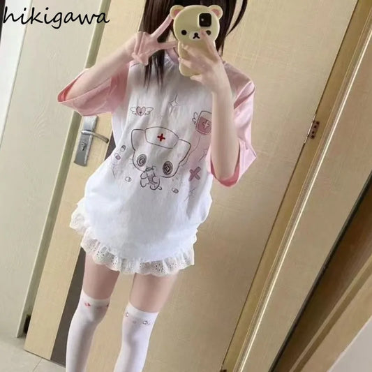 Japanese T Shirts for Women Cat Cute Print Camisetas Casual Fashion Summer Tees 2025 Ropa Mujer Short Sleeve O-neck Y2k Tshirt