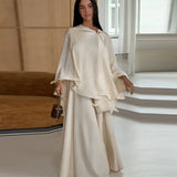 2026 women's Minimalist Cream Two Piece Set Puff Sleeve Blouse Sleeveless Flared Maxi Dress Modest Casual Workwear Daily Outfit